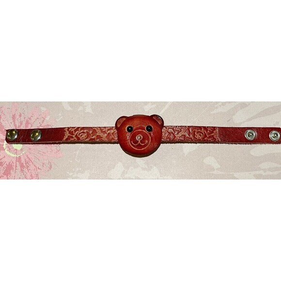 Red Leather Teddy Bear Face Bracelet Boho Floral Tooled Embossed Southwestern - Picture 6 of 12